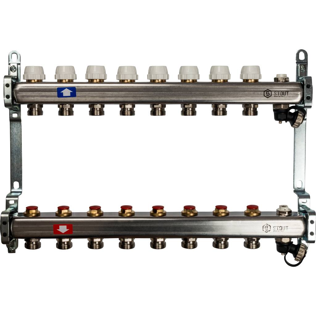 Коллектор из нержавеющей стали без расходомеров, с клапаном вып. воздуха и сливом STOUT 8 выходов. Фото 0