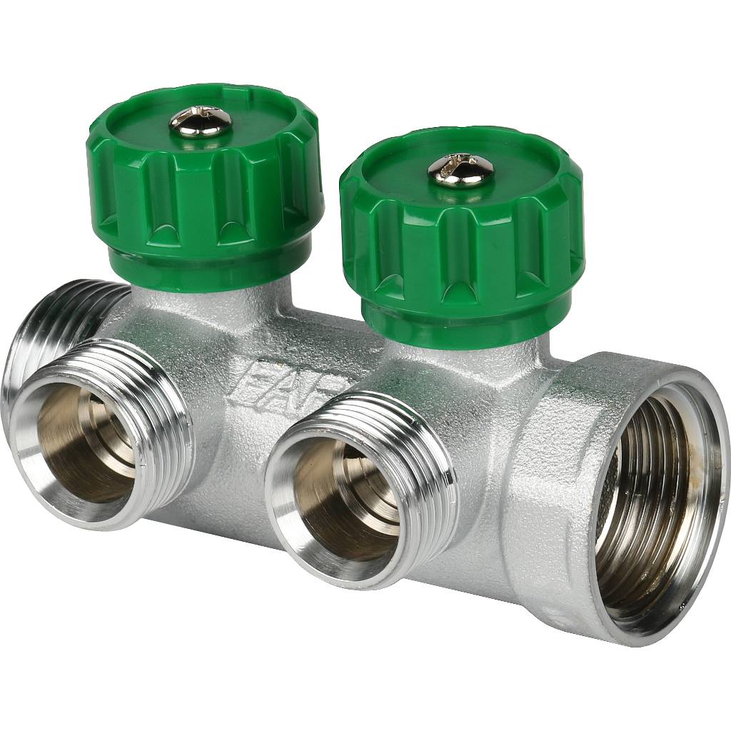 Коллектор распределительный FAR 3/4, проходной, хромированный, 2 отвода 1/2  плоское уплотнение