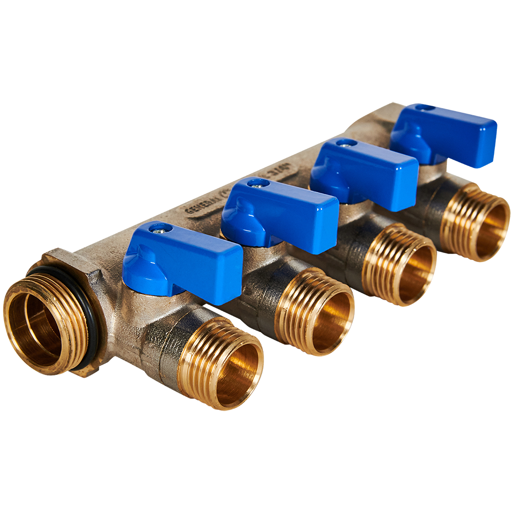 Коллектор с шаровыми кранами STOUT 3/4 , 4 отвода 1/2  (синие ручки)