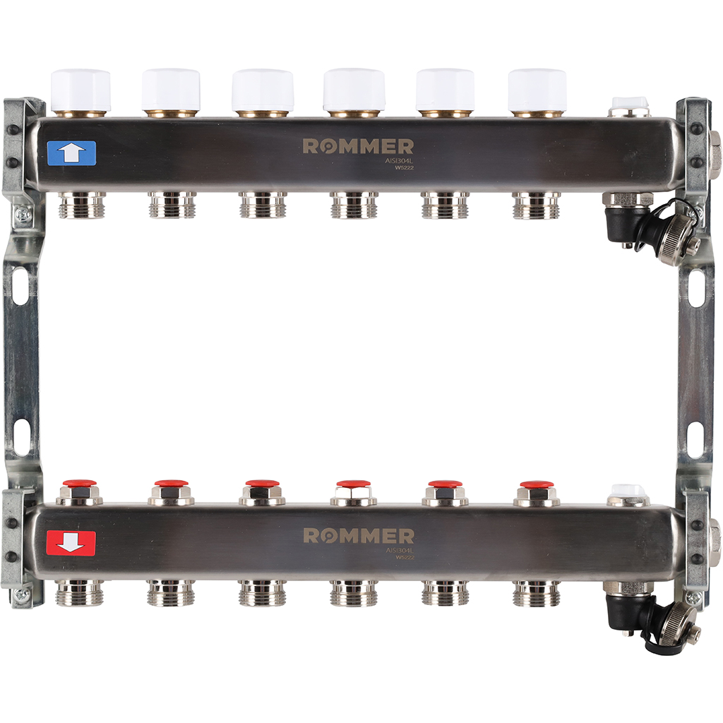 Коллектор из нержавеющей стали без расходомеров ROMMER, с клапаном вып. воздуха и сливом 6 выходов