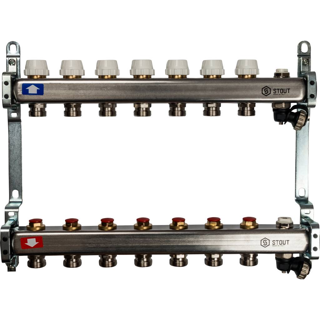 Коллектор из нержавеющей стали без расходомеров, с клапаном вып. воздуха и сливом STOUT 7 выходов
