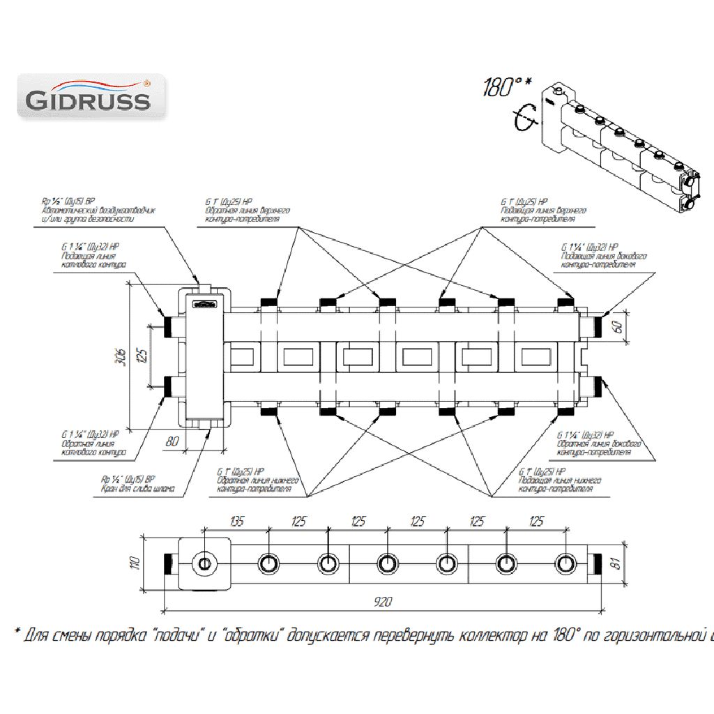 Балансировочный коллектор GIDRUSS BMSS-80-7DU.EPP (до 80 кВт, подкл. котла G 1, 3+3 контура G 1, боковой контур G 1, зеркально-матовая полировка, 4D-кронштейны K.UMS, EPP-термоизоляция). Фото 1