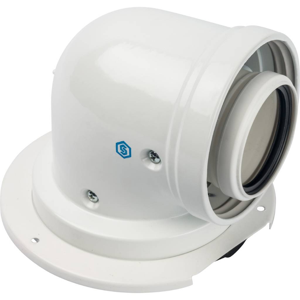 *SCA-8610-240090 STOUT Элемент дымохода конденсац. адаптер 90° DN60/100 м/п PP-AL с фланцем (совместим. с Bosch). Фото 1