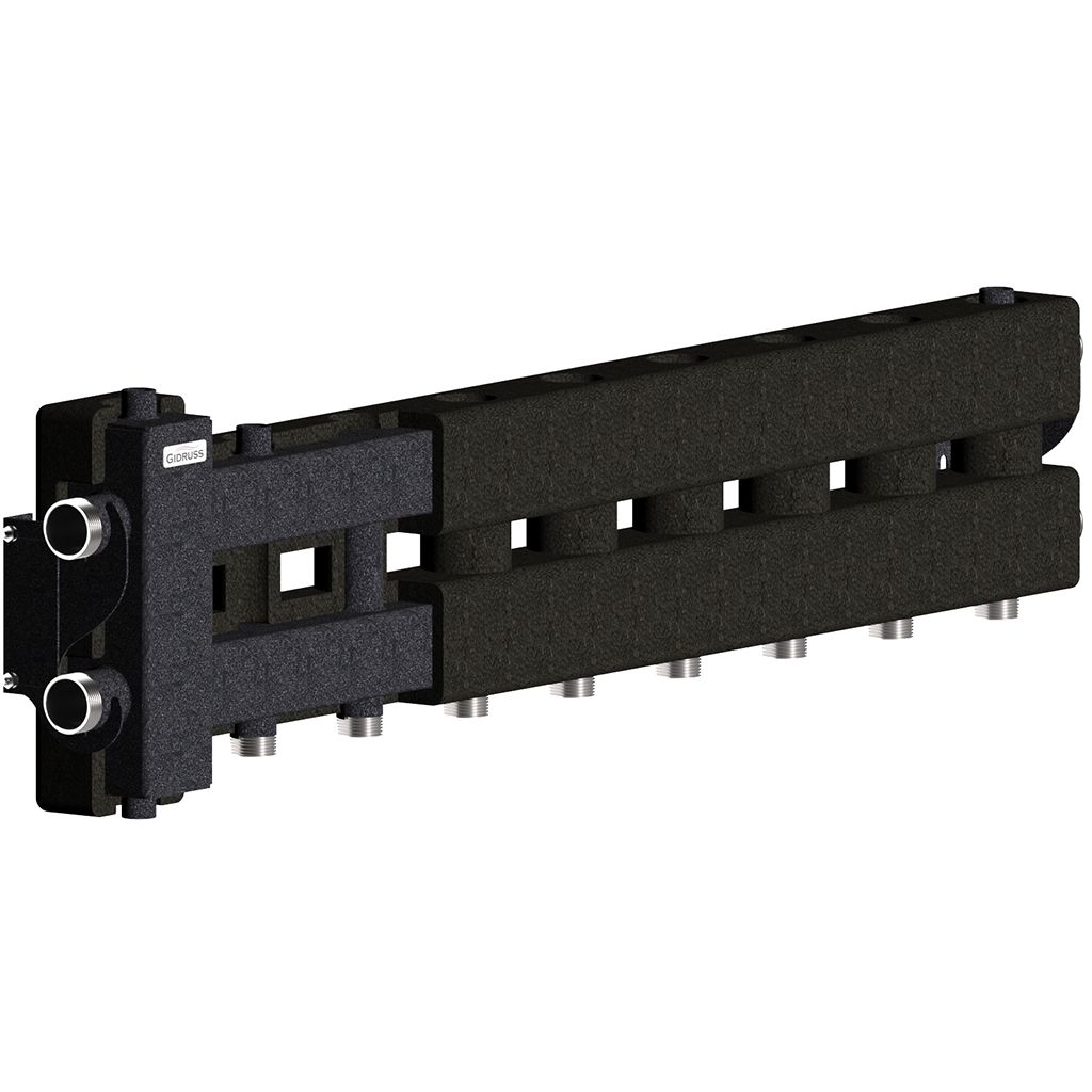 Балансировочный коллектор GIDRUSS BM-80-5D.EPP (до 80 кВт, подкл. котла G 1, 4 контура G 1, боковой контур G 1, 4D-кронштейны K.UMS, EPP-термоизоляция). Фото 0