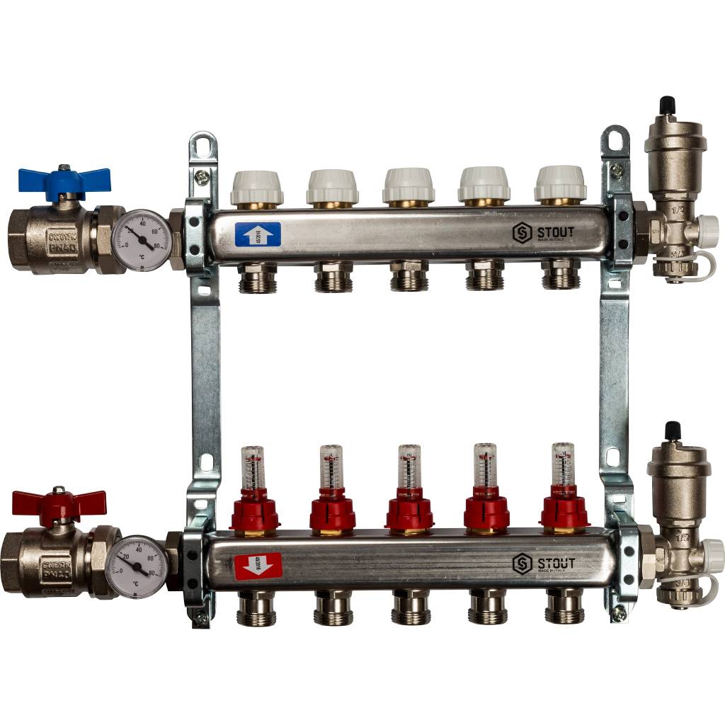 Коллектор из нержавеющей стали в сборе с расходомерами STOUT 5 выходов