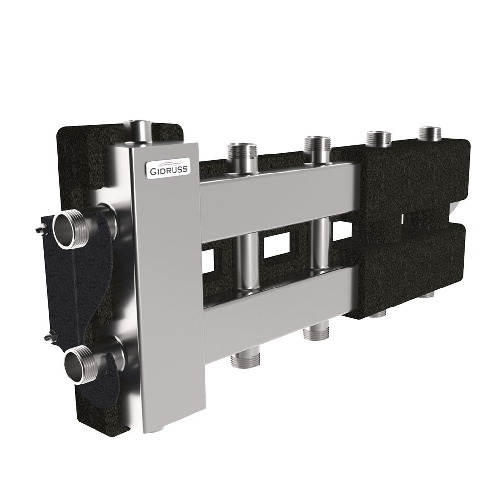 Балансировочный коллектор GIDRUSS BMSS-60-5DU.EPP (до 60 кВт, вх. G 1, 2+2+1 контура G 1, 4D-кронштейны K.UMS, EPP-термоизоляция). Фото 0