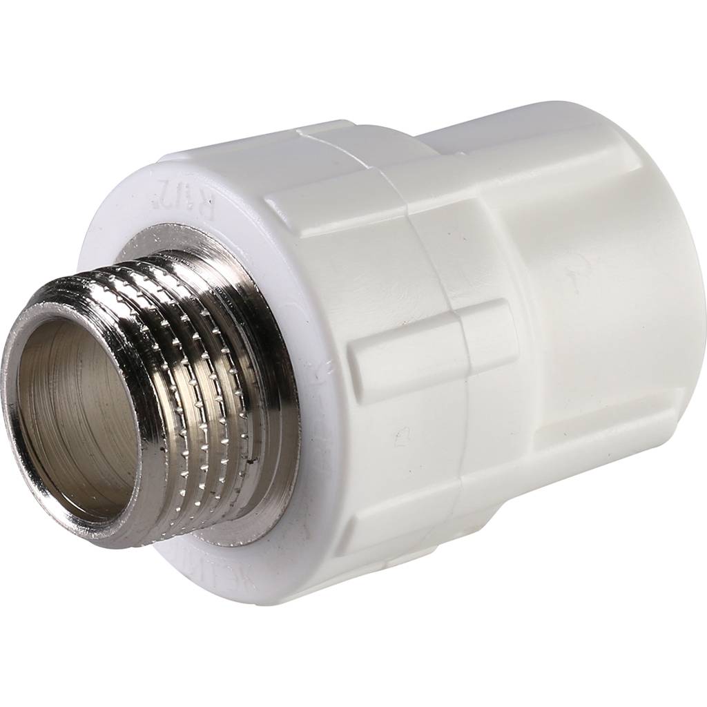 Муфта комбинированная Политэк 20х1/2 наруж. резьба для полипропиленовых труб под сварку (цвет белый)