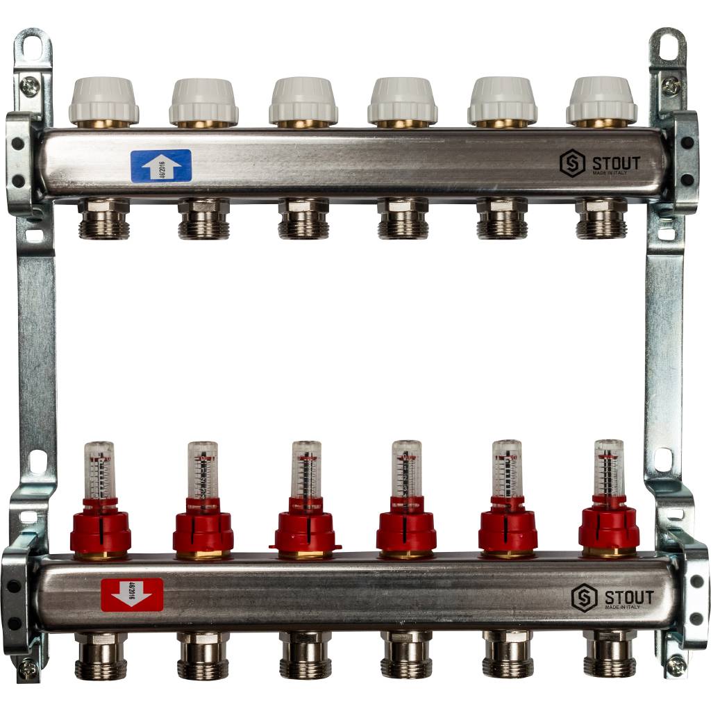 Коллектор из нержавеющей стали с расходомерами STOUT 6 выходов