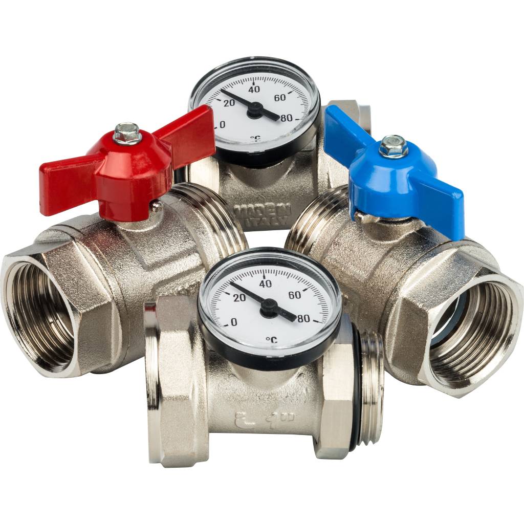 Комплект прямых шаровых кранов STOUT с термометрами 1”