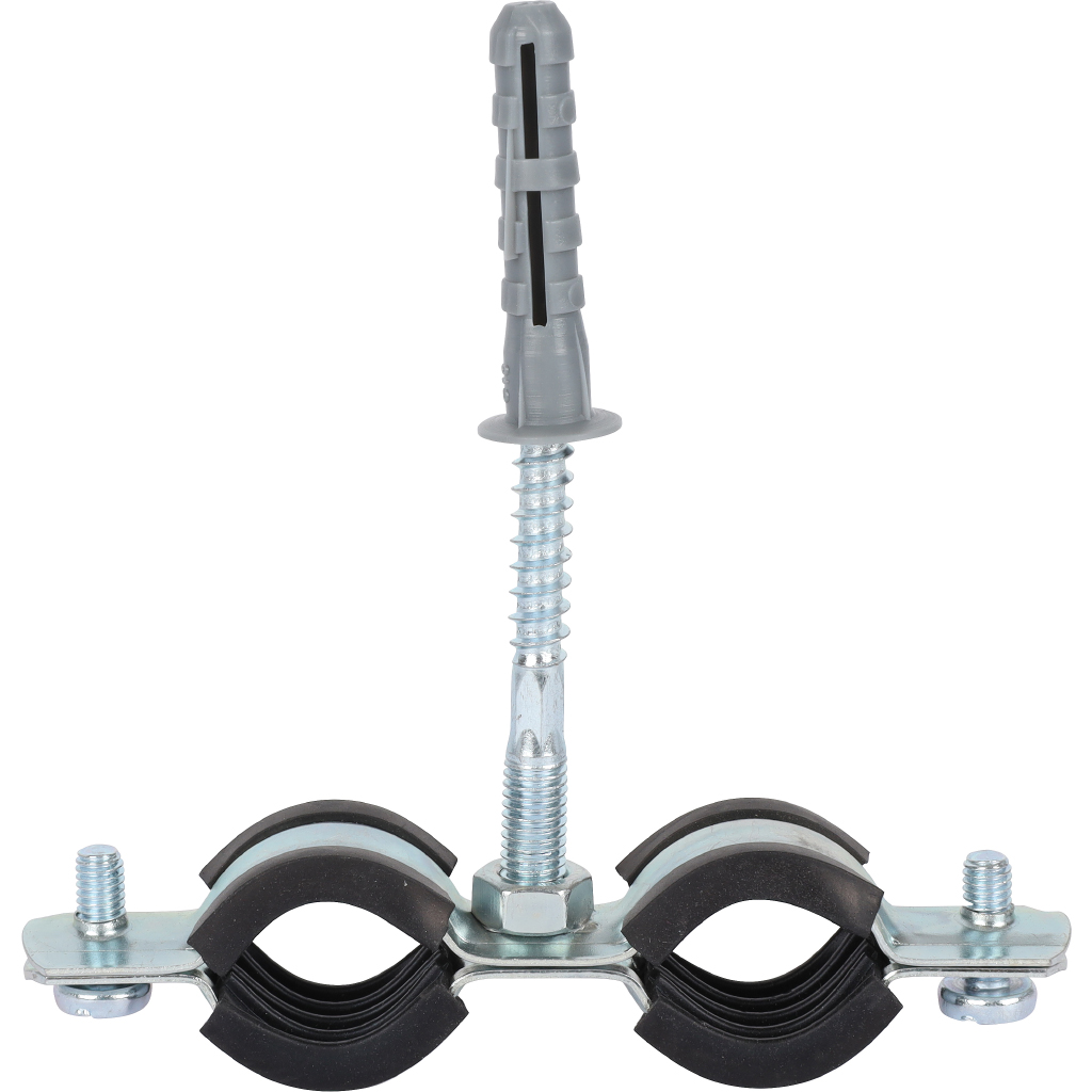 Комплект двойной хомут для труб STOUT хомут+шпилька шуруп +дюбель пластиковый 1/2 (20-24). Фото 2