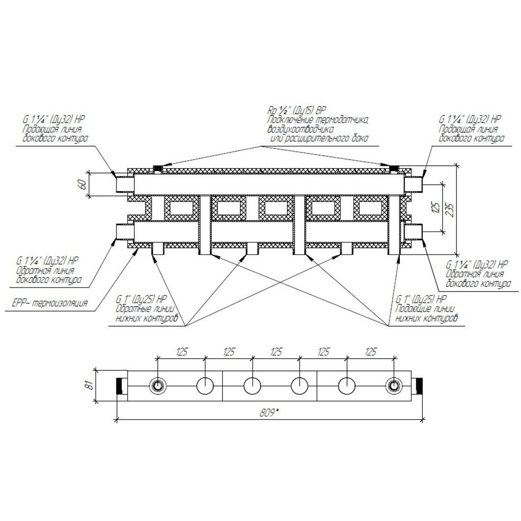 Модульный коллектор GIDRUSS MK-100-3.EPP (до 100 кВт, 2 магистрали G 1, 3 контура G 1, EPP-термоизоляция, 4D-кронштейны K.UMS, цвет черный муар с серебром, универсальное подключение термодатчика). Фото 2