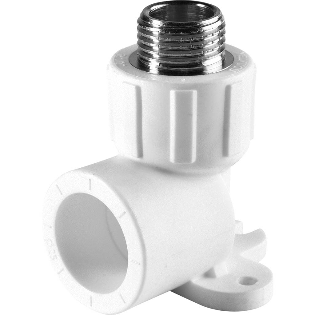 Угольник Политэк 25х1/2 с наружной резьбой с креплением для полипропиленовых труб под сварку (цвет белый)