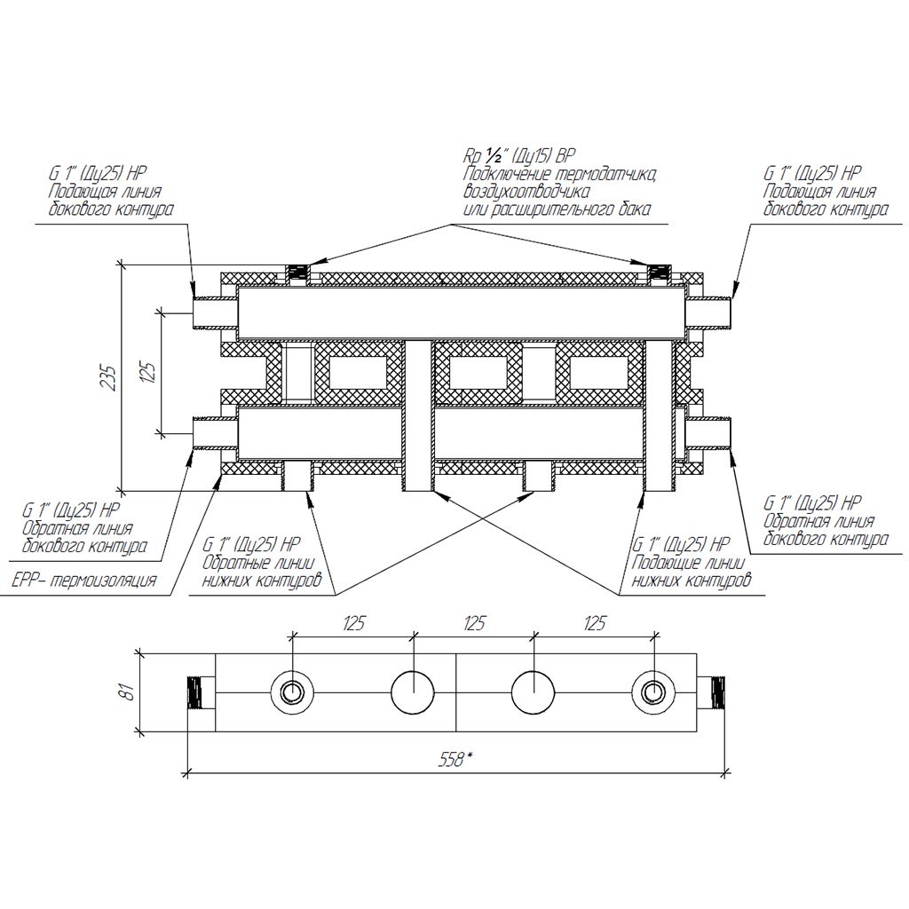 Модульный коллектор GIDRUSS МК 60А1Т 20 нержавеющий с термоизоляцией MKSS-60-3D.EPP (до 60 кВт, магистраль G 1, 2+1 контура G1 )