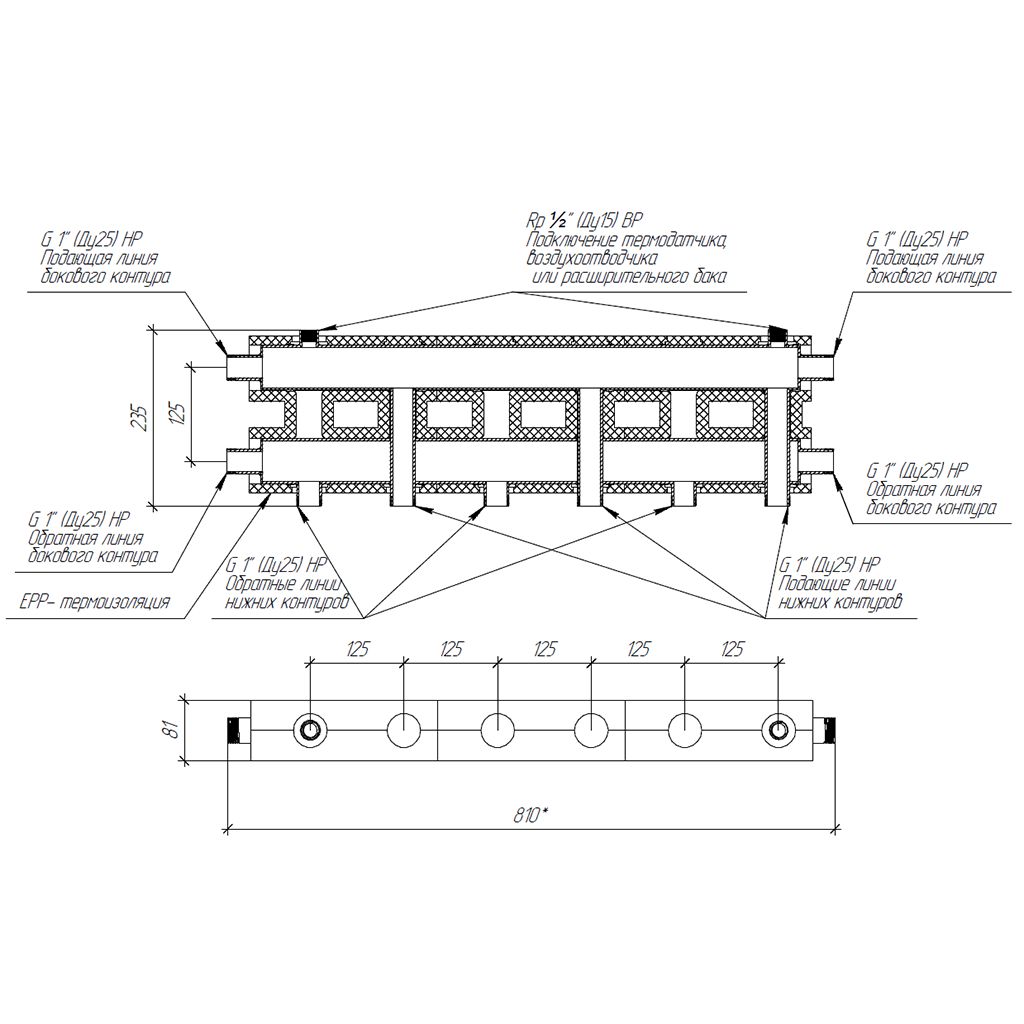 Модульный коллектор GIDRUSS MK-60-4D.EPP (до 60 кВт, магистраль G 1, 3+1 контура G 1, EPP-термоизоляция, 4D-кронштейны K.UMS, цвет черный муар с серебром, подключение для температурного датчика). Фото 2