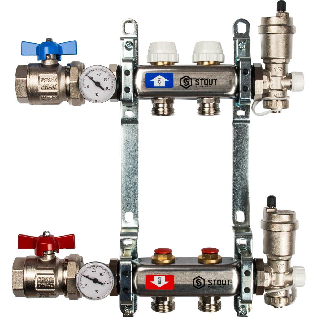Коллектор из нержавеющей стали STOUT в сборе без расходомеров 2 вых.