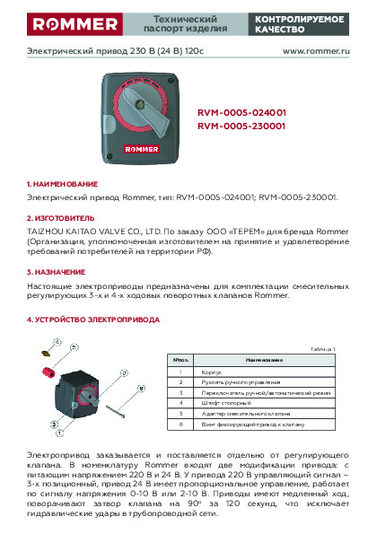 Технический паспорт изделия ROMMER RVM-0005-024001 RVM-0005-230001