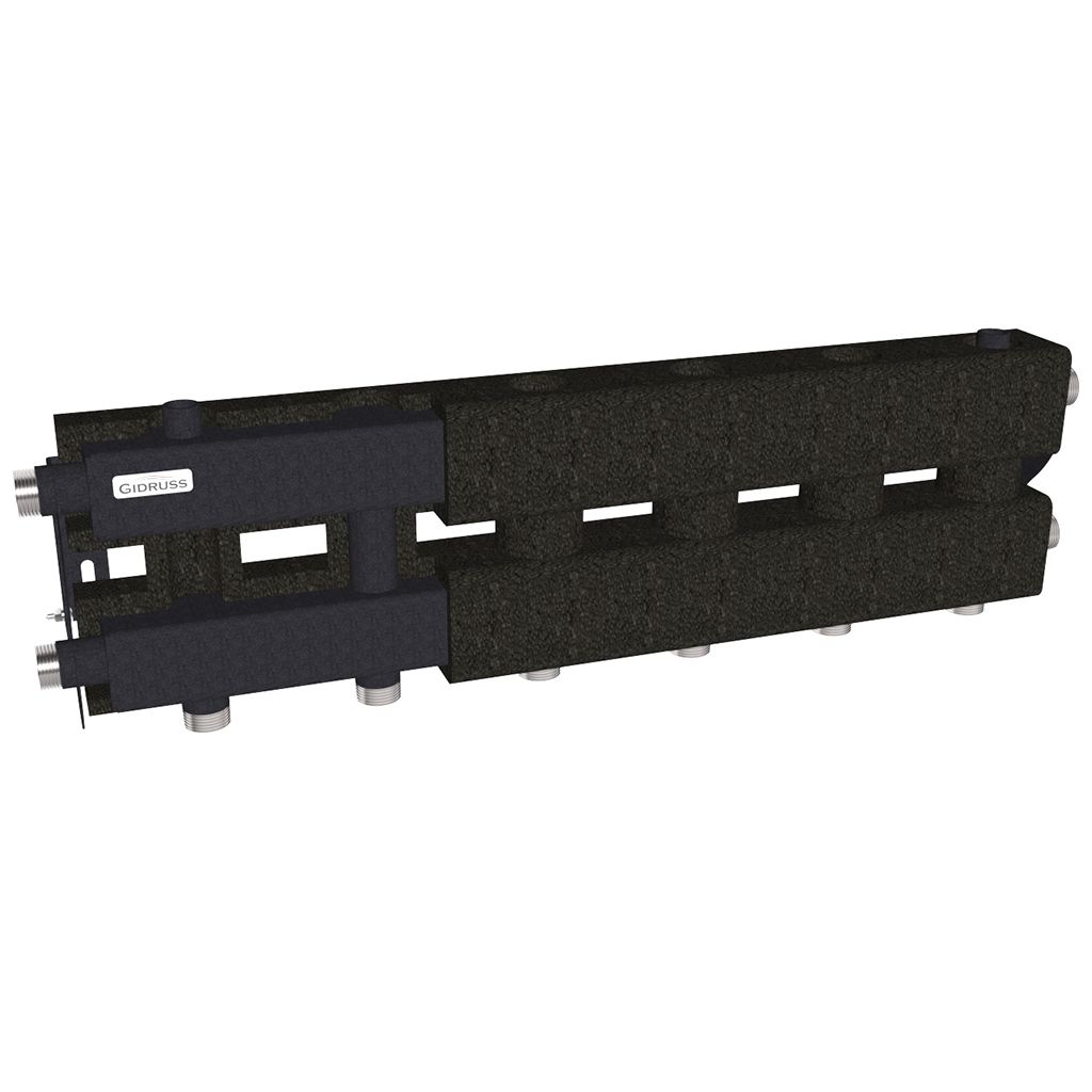Модульный коллектор GIDRUSS MK-60-4D.EPP (до 60 кВт, магистраль G 1, 3+1 контура G 1, EPP-термоизоляция, 4D-кронштейны K.UMS, цвет черный муар с серебром, подключение для температурного датчика). Фото 1