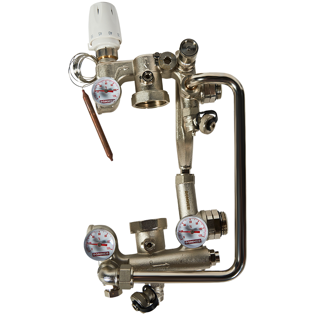 Насосно-смесительный узел ROMMER RDG-0120-008000 с термоголовкой, перепускным клапаном и байпасом, без насоса
