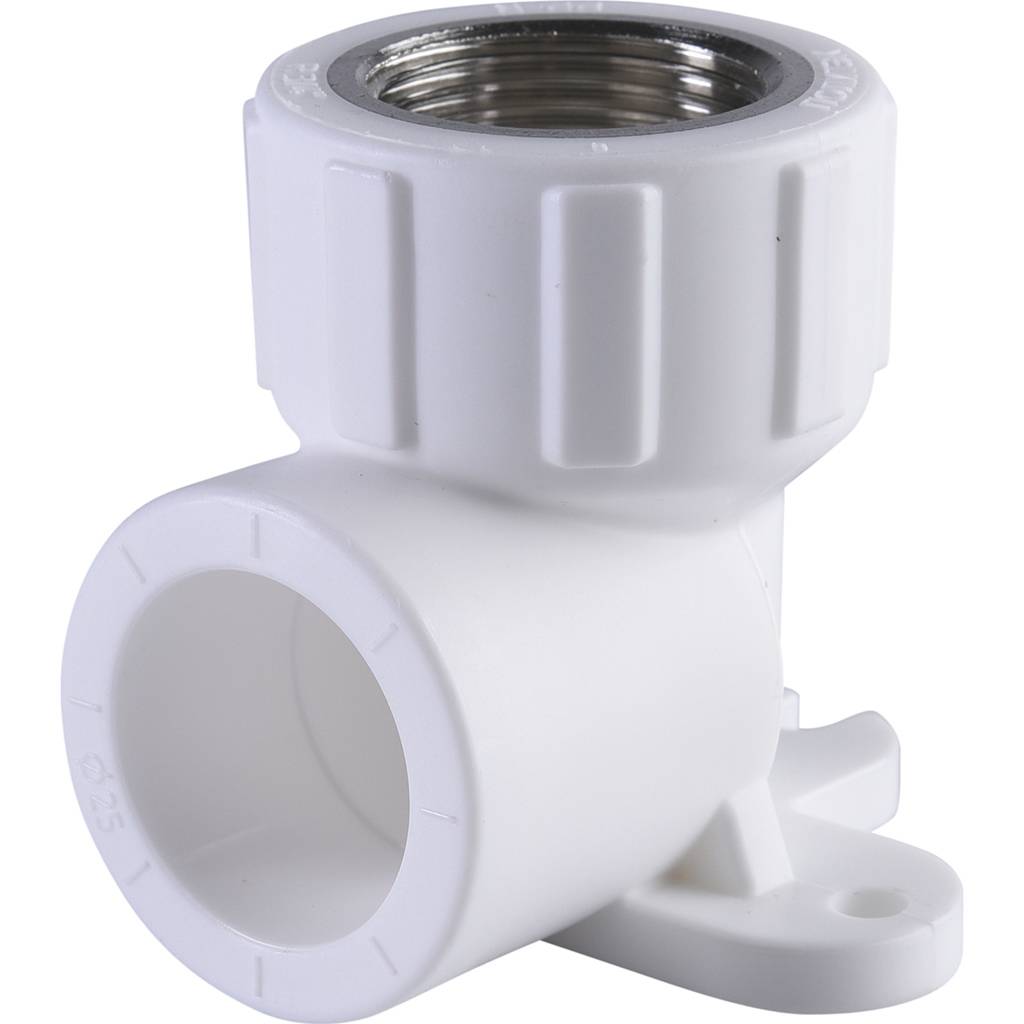 Угольник Политэк 25х3/4 с внутренней резьбой с креплением для полипропиленовых труб под сварку (цвет белый)