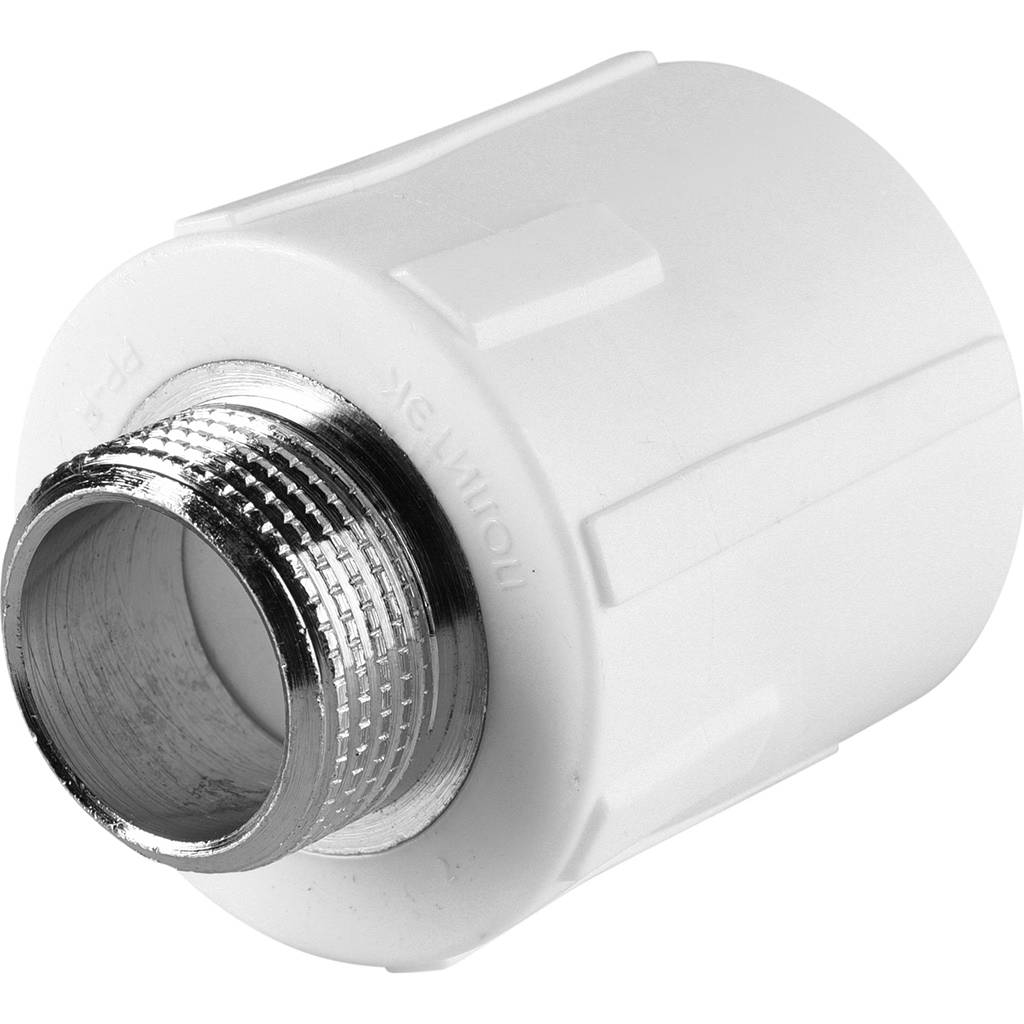 Муфта комбинированная Политэк 32х3/4 наруж. резьба для полипропиленовых труб под сварку (цвет белый). Фото 0