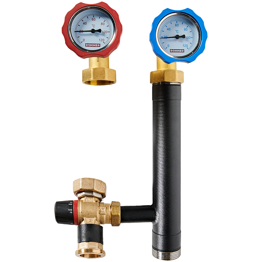 Насосная группа ROMMER с термостатическим смесительным клапаном (20-40°С) 1  без насоса RDG-0002-012501