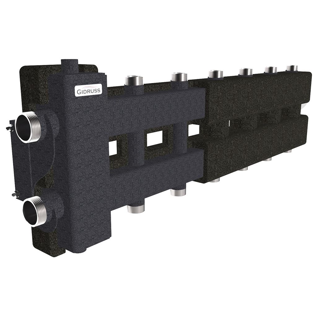 Балансировочный коллектор GIDRUSS BM-80-7DU.EPP (до 80 кВт, подкл. котла G 1, 3+3 контура G 1, боковой контур G 1, 4D-кронштейны K.UMS, EPP-термоизоляция)