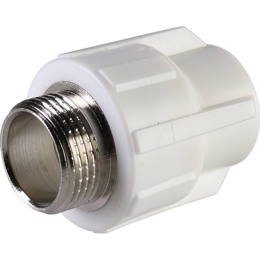 Муфта комбинированная Политэк 20х3/4 наруж. резьба для полипропиленовых труб под сварку (цвет белый)