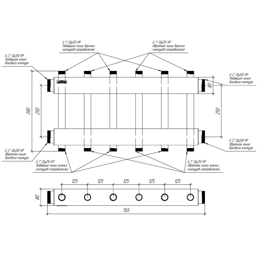 Модульный коллектор GIDRUSS MK-250-6DU (до 250 кВт, 2 магистр. подкл. G 2, 3 контура G 1 вверх и 3 вниз). Фото 2