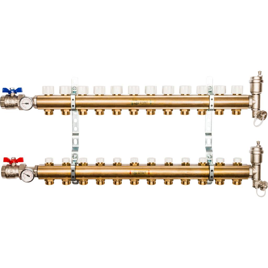 Распределительный коллектор из латуни без расходомеров STOUT 12 выходов
