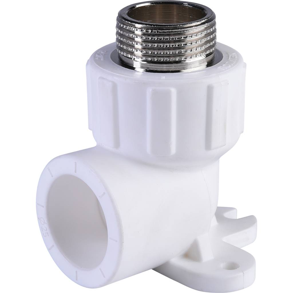 Угольник Политэк 25х3/4 с наружной резьбой с креплением для полипропиленовых труб под сварку (цвет белый)