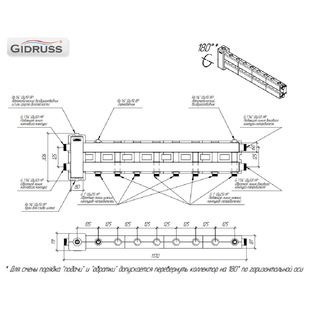 Балансировочный коллектор GIDRUSS BMSS-80-4D.EPP (до 80 кВт, подкл. котла G 1, 3 контура G 1, боковой контур G 1, зеркально-матовая полировка, 4D-кронштейны K.UMS, EPP-термоизоляция). Фото 1