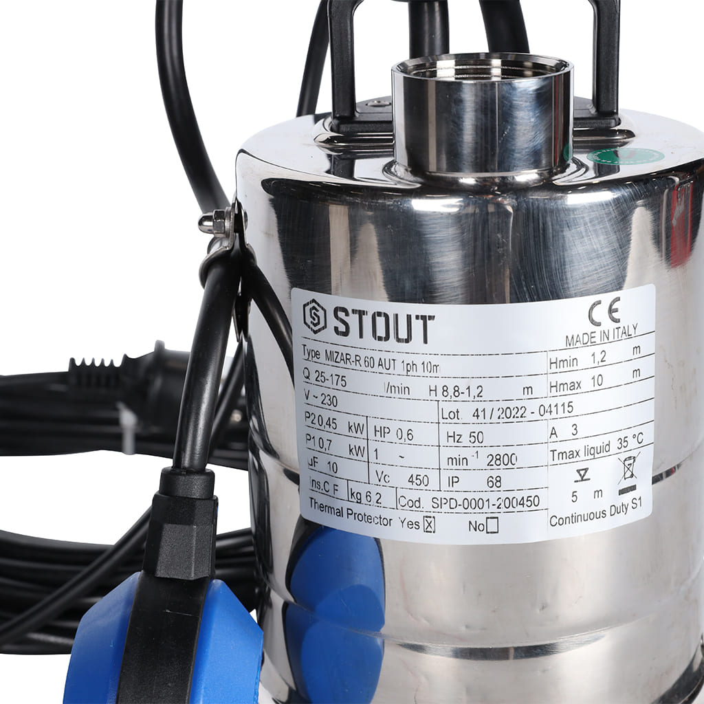 Насос дренажный STOUT с поплавком, кабель 10 м, 230V, Q=175 л/мин, H=10 м. Фото 3