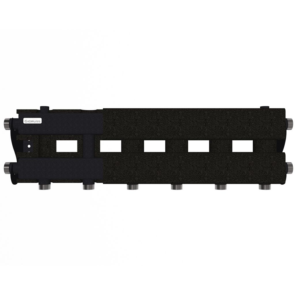 Модульный коллектор GIDRUSS MK-60-4D.EPP (до 60 кВт, магистраль G 1, 3+1 контура G 1, EPP-термоизоляция, 4D-кронштейны K.UMS, цвет черный муар с серебром, подключение для температурного датчика). Фото 0