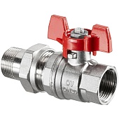 Кран шаровой OVENTROP Obtibal латунный рукоятка бабочкой, с одной стороны внутренняя резьба, с другой ниппель с наружной резьбой и накидной гайкой 1