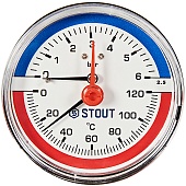 Термоманометр аксиальный STOUT в комплекте с автоматическим запорным клапаном, корпус Dn 80 мм 1/2 , 0...120°C, 0-6 бар