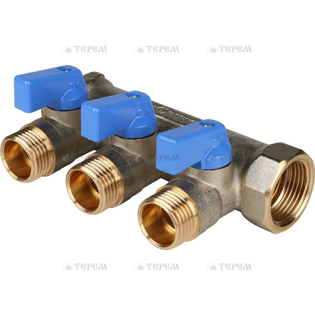 STOUT Коллектор с шаровыми кранами 3/4 , 3 отвода 1/2 (синие ручки ...