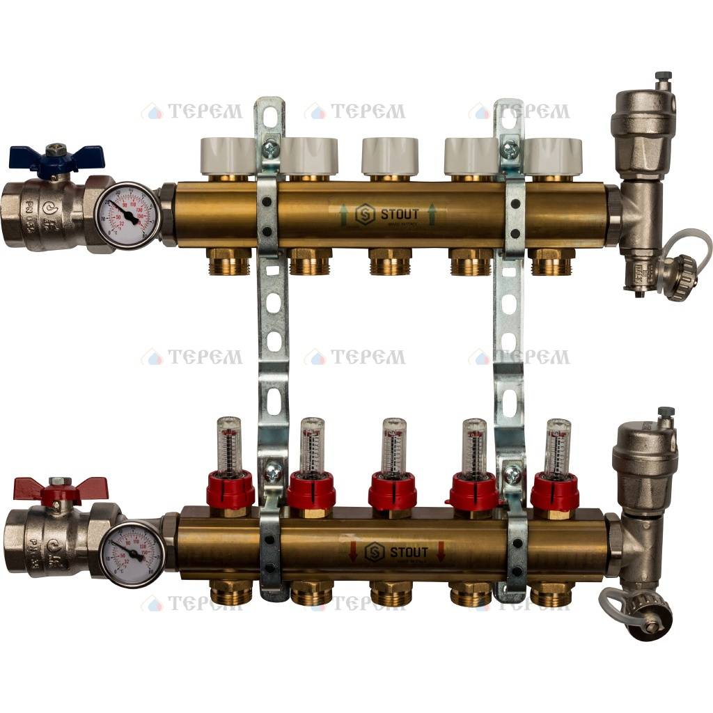 STOUT Распределительный коллектор из латуни с расходомерами 5 вых ...